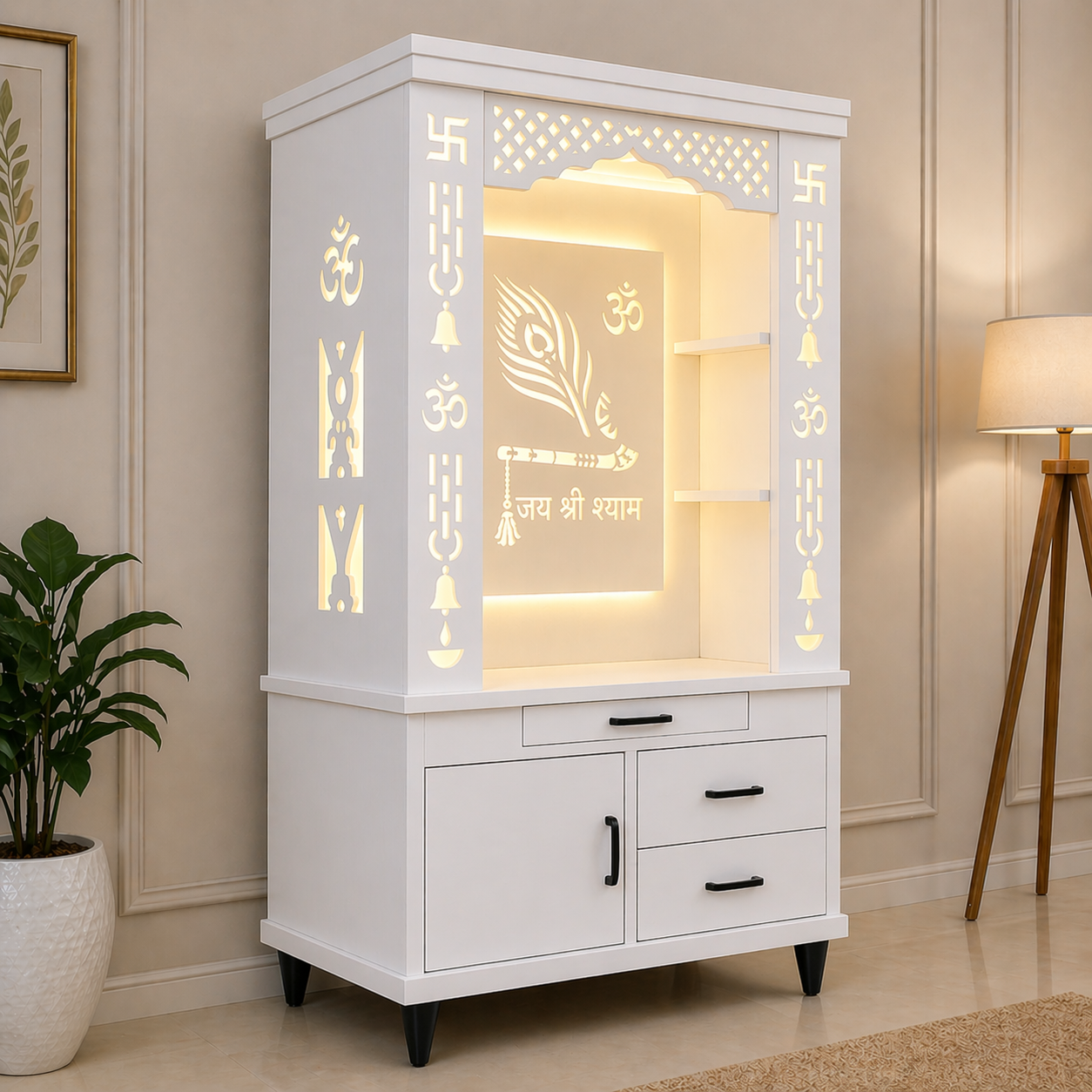 Lavish White Finish Wooden Floor Temple with Jai Shree Shyam and Murli LED Back Panel & Spacious Drawer Storage Cabinet for Home & Office