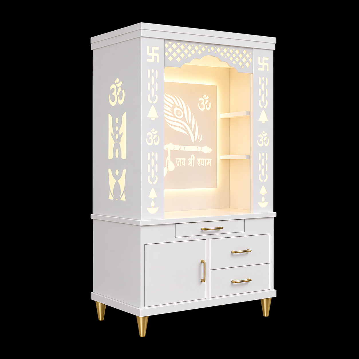 Lavish White Finish Wooden Floor Temple with Jai Shree Shyam and Murli LED Back Panel & Spacious Drawer Storage Cabinet for Home & Office