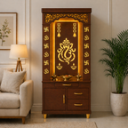 Aesthetic White Finish Wooden Floor Temple with Shri Ganeshji LED Back Panel & Spacious Drawer Storage Cabinet for Home & Office
