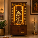 Aesthetic White Finish Wooden Floor Temple with Shri Ganeshji LED Back Panel & Spacious Drawer Storage Cabinet for Home & Office