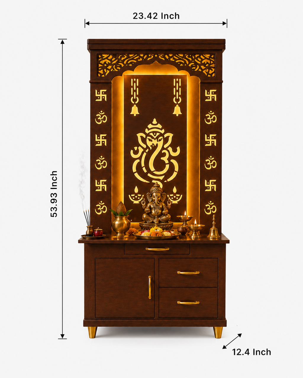 Aesthetic White Finish Wooden Floor Temple with Shri Ganeshji LED Back Panel & Spacious Drawer Storage Cabinet for Home & Office