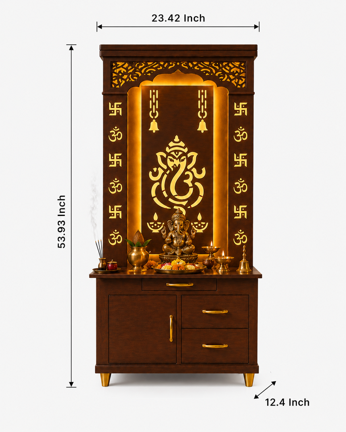 Aesthetic White Finish Wooden Floor Temple with Shri Ganeshji LED Back Panel & Spacious Drawer Storage Cabinet for Home & Office