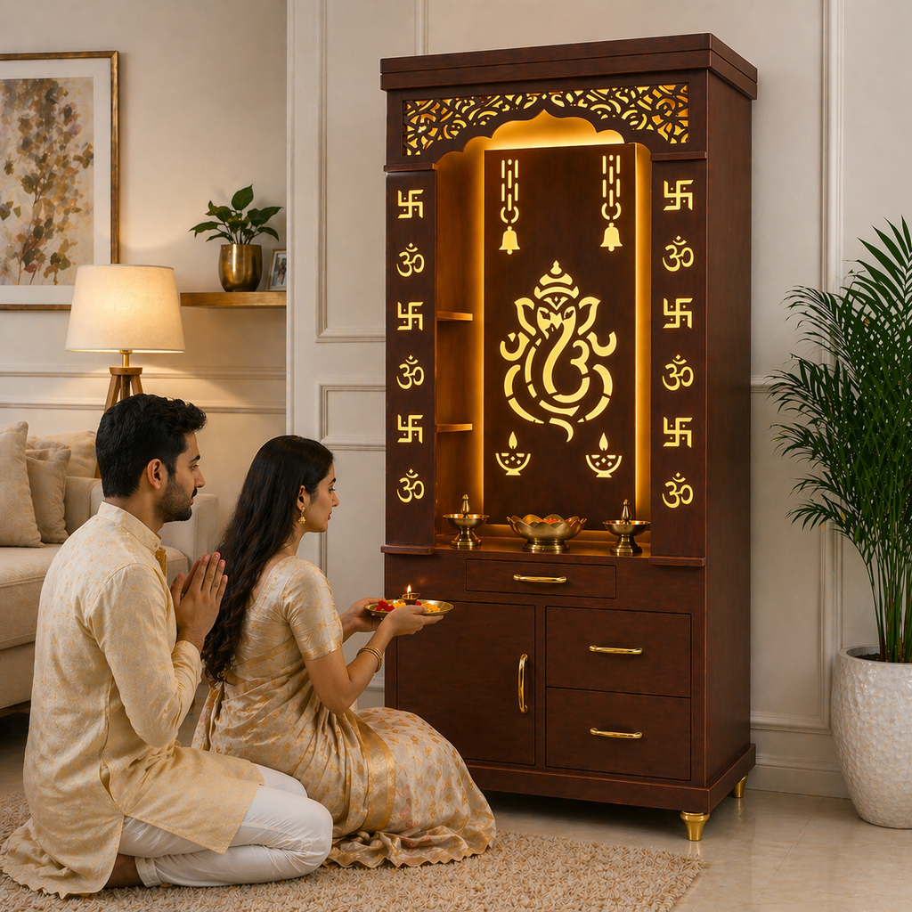 Aesthetic White Finish Wooden Floor Temple with Shri Ganeshji LED Back Panel & Spacious Drawer Storage Cabinet for Home & Office