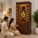 Aesthetic White Finish Wooden Floor Temple with Shri Ganeshji LED Back Panel & Spacious Drawer Storage Cabinet for Home & Office
