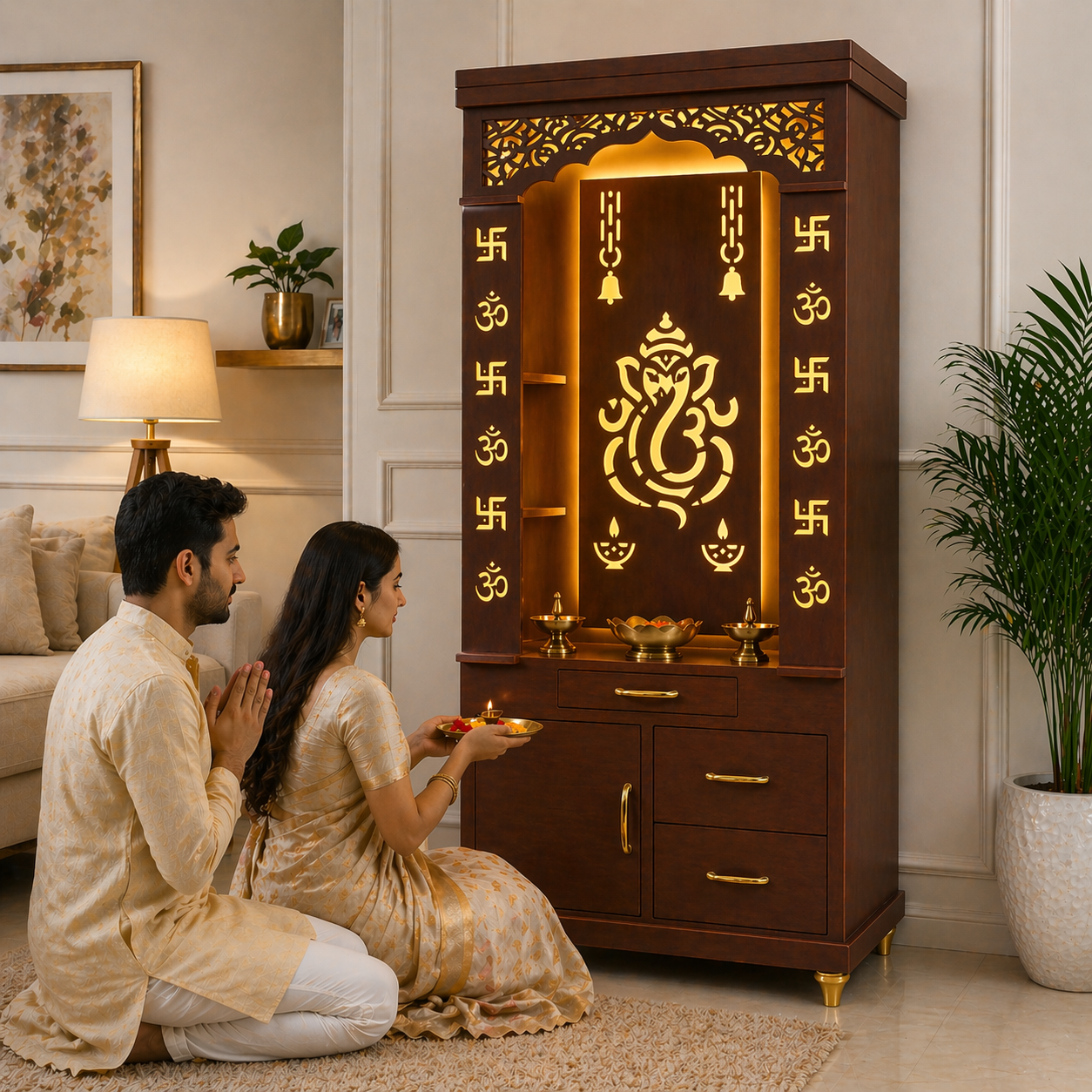 Aesthetic White Finish Wooden Floor Temple with Shri Ganeshji LED Back Panel & Spacious Drawer Storage Cabinet for Home & Office