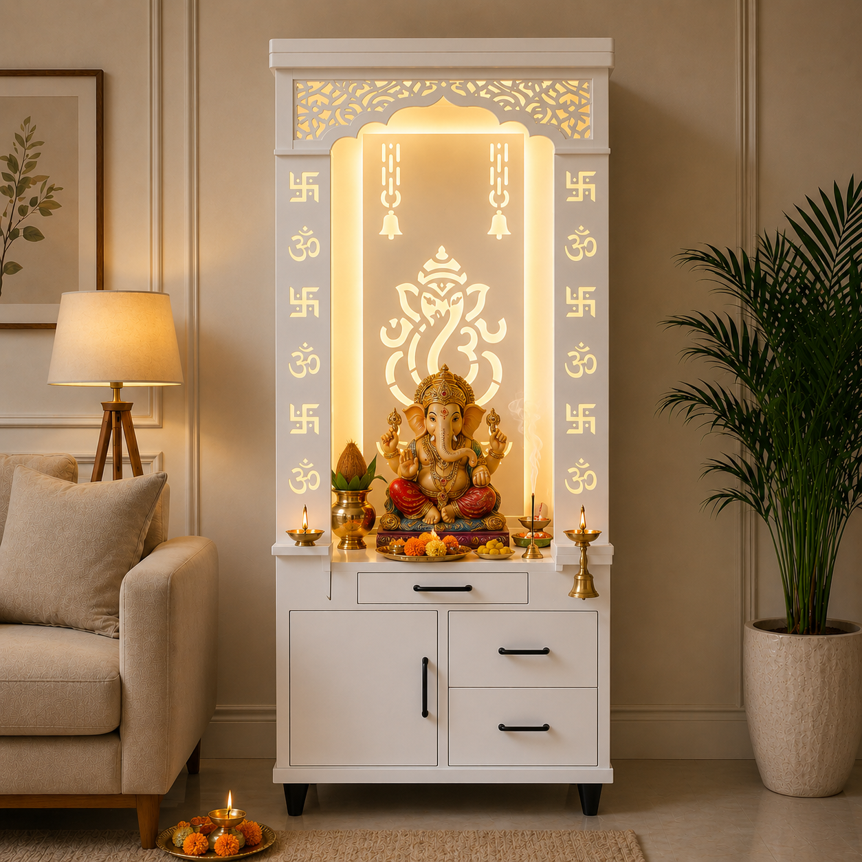 Aesthetic White Finish Wooden Floor Temple with Shri Ganeshji LED Back Panel & Spacious Drawer Storage Cabinet for Home & Office