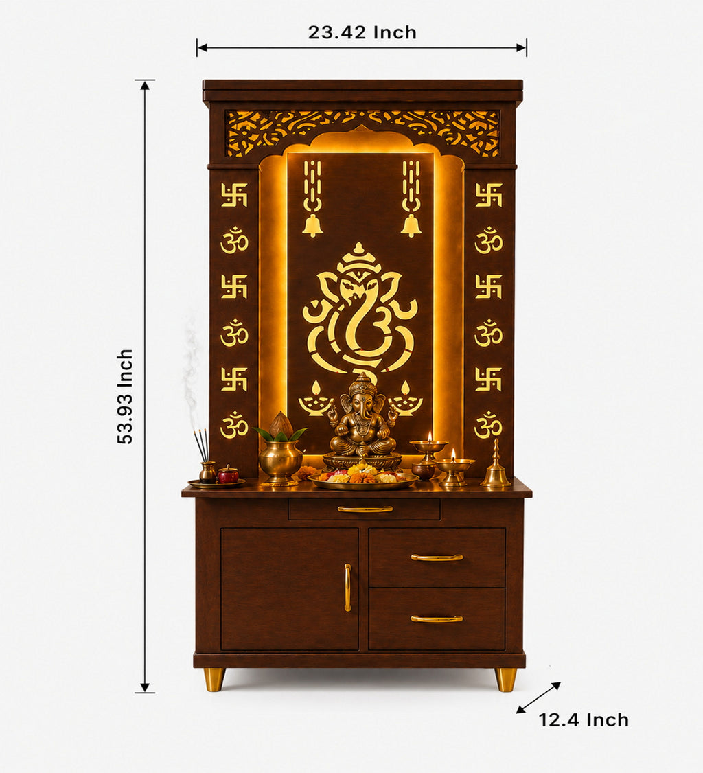 Aesthetic White Finish Wooden Floor Temple with Shri Ganeshji LED Back Panel & Spacious Drawer Storage Cabinet for Home & Office