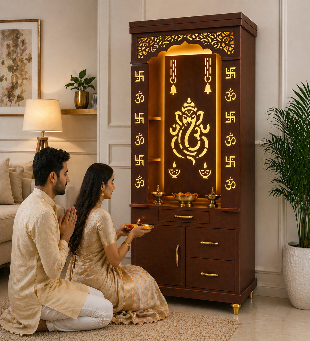 Aesthetic White Finish Wooden Floor Temple with Shri Ganeshji LED Back Panel & Spacious Drawer Storage Cabinet for Home & Office