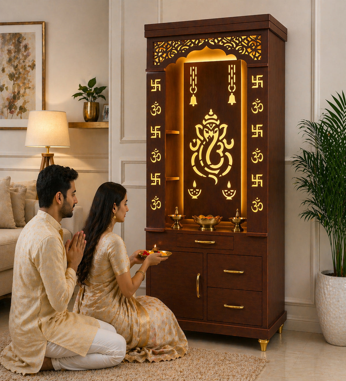 Aesthetic White Finish Wooden Floor Temple with Shri Ganeshji LED Back Panel & Spacious Drawer Storage Cabinet for Home & Office