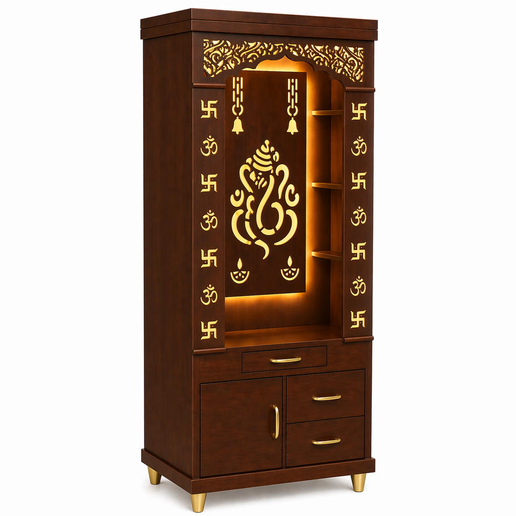 Aesthetic White Finish Wooden Floor Temple with Shri Ganeshji LED Back Panel & Spacious Drawer Storage Cabinet for Home & Office