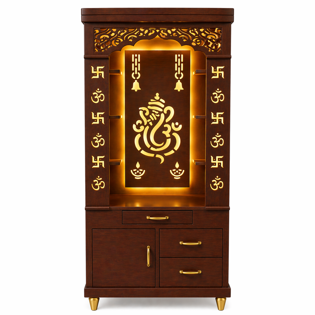 Aesthetic White Finish Wooden Floor Temple with Shri Ganeshji LED Back Panel & Spacious Drawer Storage Cabinet for Home & Office