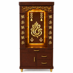 Aesthetic White Finish Wooden Floor Temple with Shri Ganeshji LED Back Panel & Spacious Drawer Storage Cabinet for Home & Office