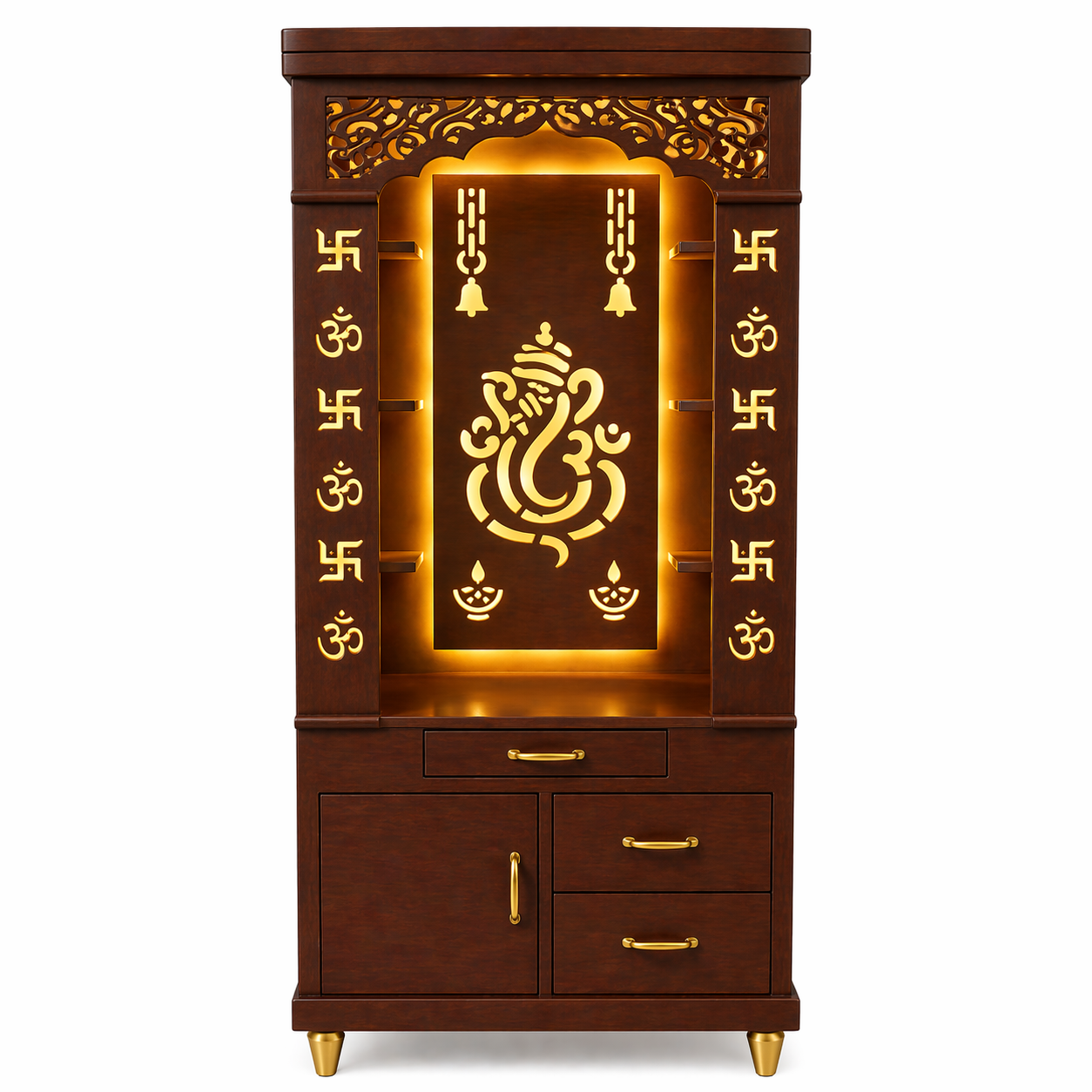 Aesthetic White Finish Wooden Floor Temple with Shri Ganeshji LED Back Panel & Spacious Drawer Storage Cabinet for Home & Office