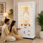 Aesthetic White Finish Wooden Floor Temple with Shri Ganeshji LED Back Panel & Spacious Drawer Storage Cabinet for Home & Office
