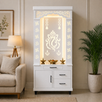Aesthetic White Finish Wooden Floor Temple with Shri Ganeshji LED Back Panel & Spacious Drawer Storage Cabinet for Home & Office
