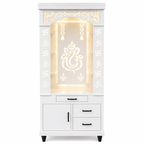 Aesthetic White Finish Wooden Floor Temple with Shri Ganeshji LED Back Panel & Spacious Drawer Storage Cabinet for Home & Office