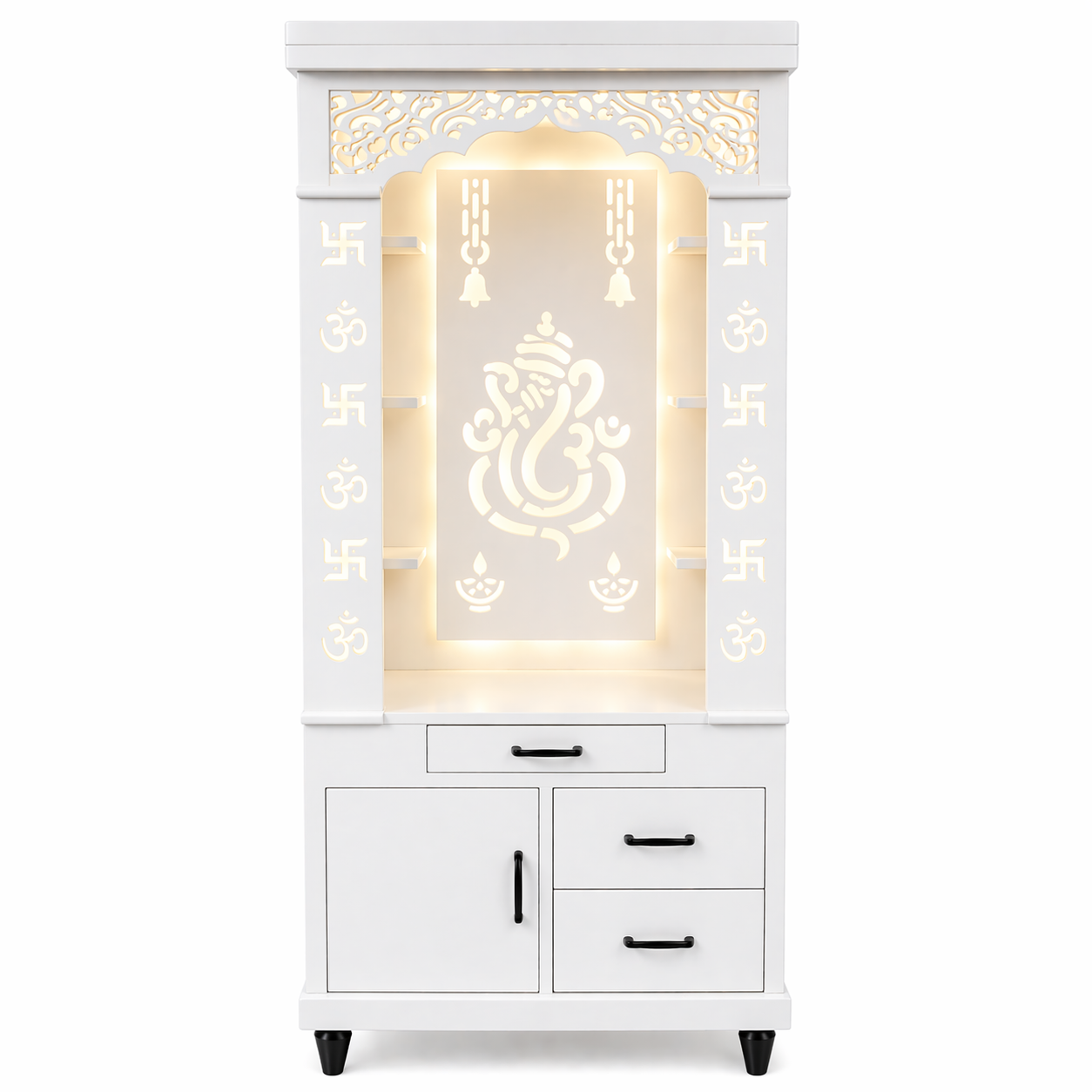 Aesthetic White Finish Wooden Floor Temple with Shri Ganeshji LED Back Panel & Spacious Drawer Storage Cabinet for Home & Office