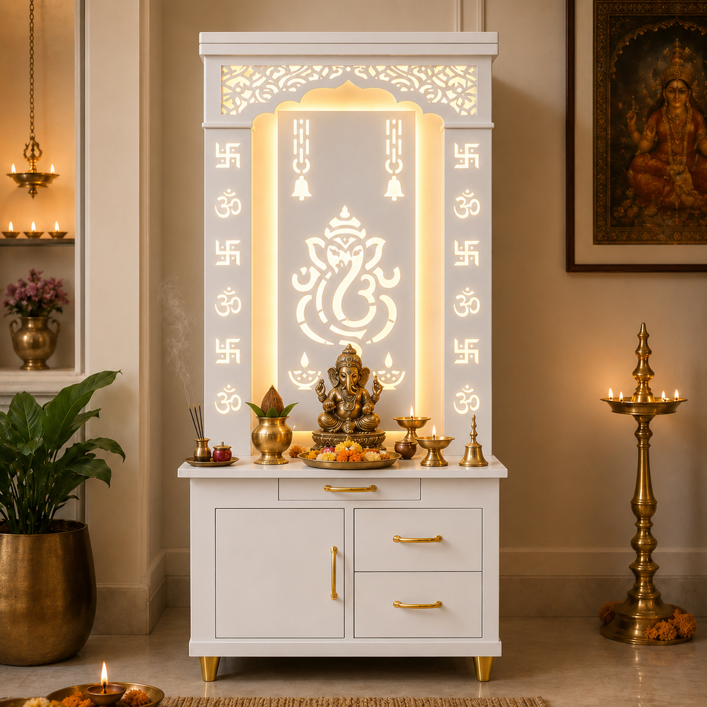 Aesthetic White Finish Wooden Floor Temple with Shri Ganeshji LED Back Panel & Spacious Drawer Storage Cabinet for Home & Office