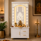 Aesthetic White Finish Wooden Floor Temple with Shri Ganeshji LED Back Panel & Spacious Drawer Storage Cabinet for Home & Office