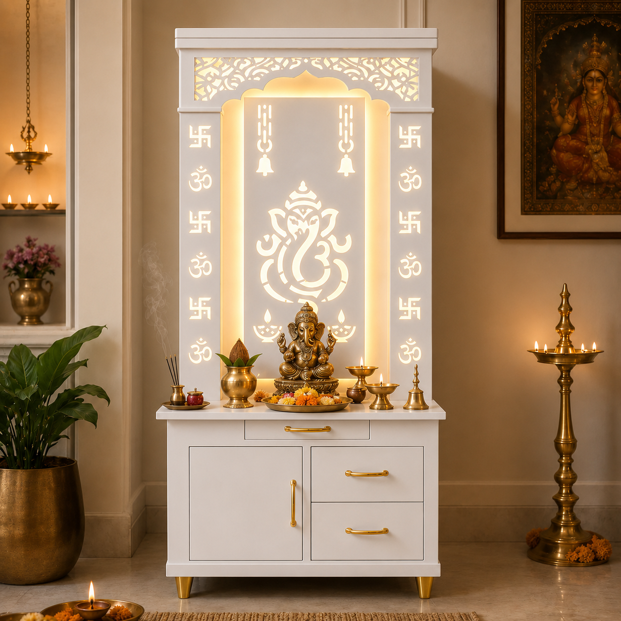 Aesthetic White Finish Wooden Floor Temple with Shri Ganeshji LED Back Panel & Spacious Drawer Storage Cabinet for Home & Office