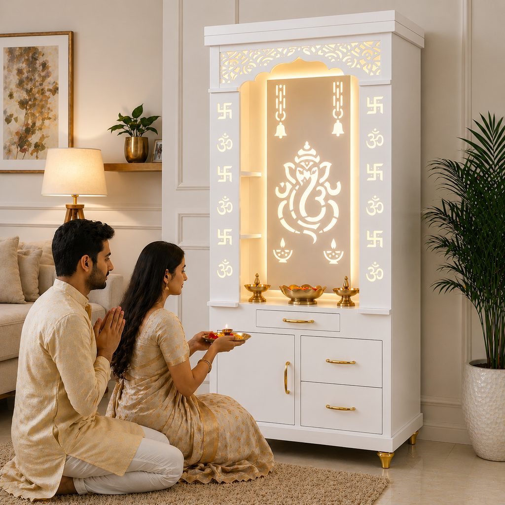 Aesthetic White Finish Wooden Floor Temple with Shri Ganeshji LED Back Panel & Spacious Drawer Storage Cabinet for Home & Office