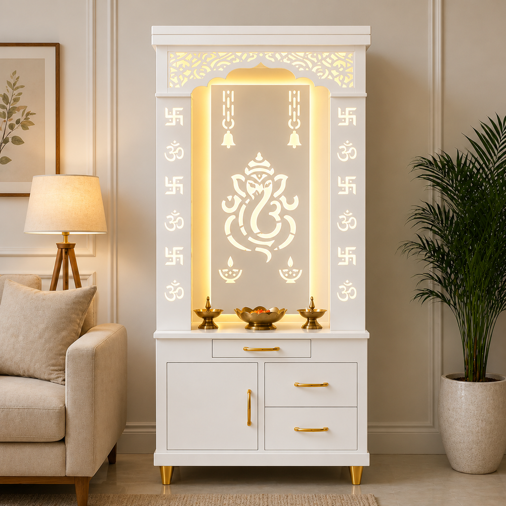 Aesthetic White Finish Wooden Floor Temple with Shri Ganeshji LED Back Panel & Spacious Drawer Storage Cabinet for Home & Office