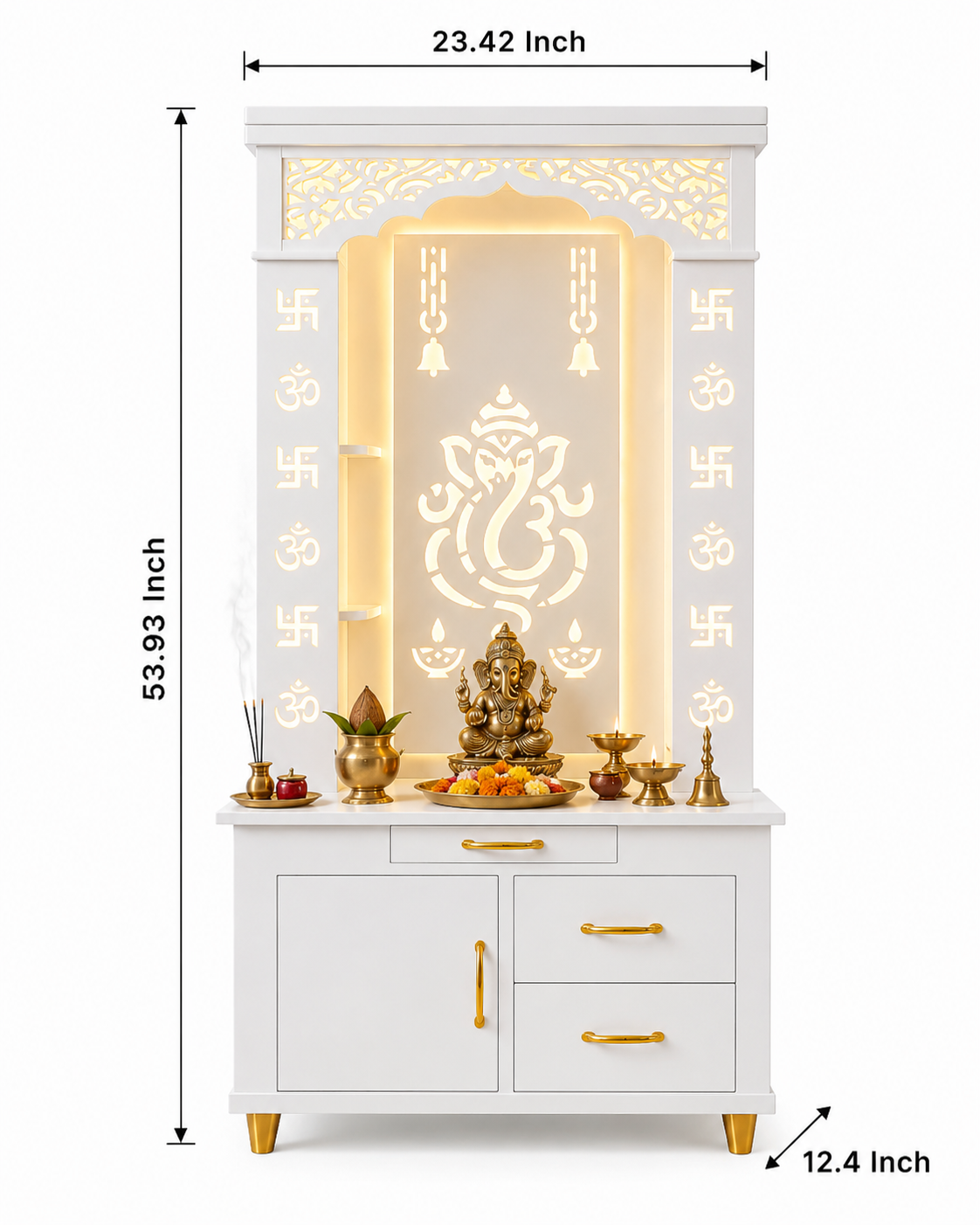 Aesthetic White Finish Wooden Floor Temple with Shri Ganeshji LED Back Panel & Spacious Drawer Storage Cabinet for Home & Office