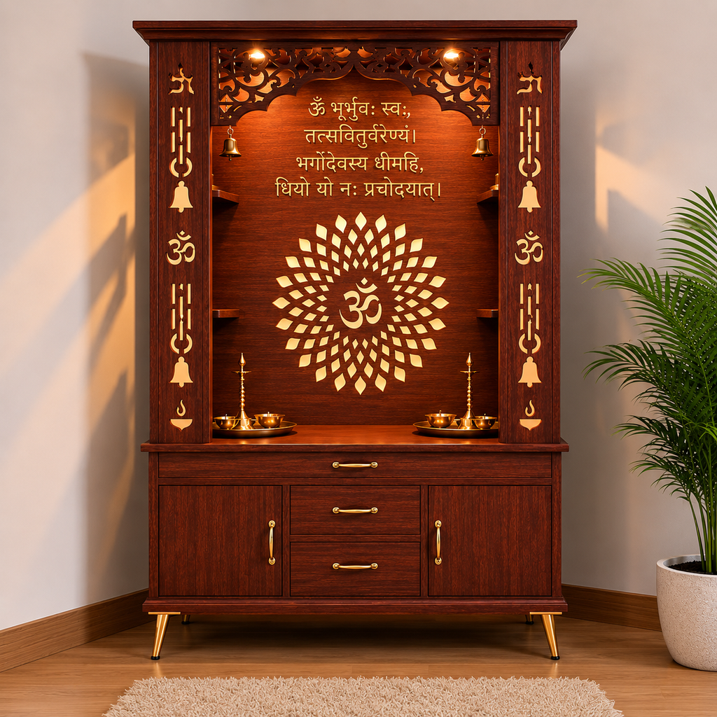 Luxury Brown Finish Wooden Floor Temple for Home & Office with LED OM Panel Drawer & Cabinet Storage for Home & Office