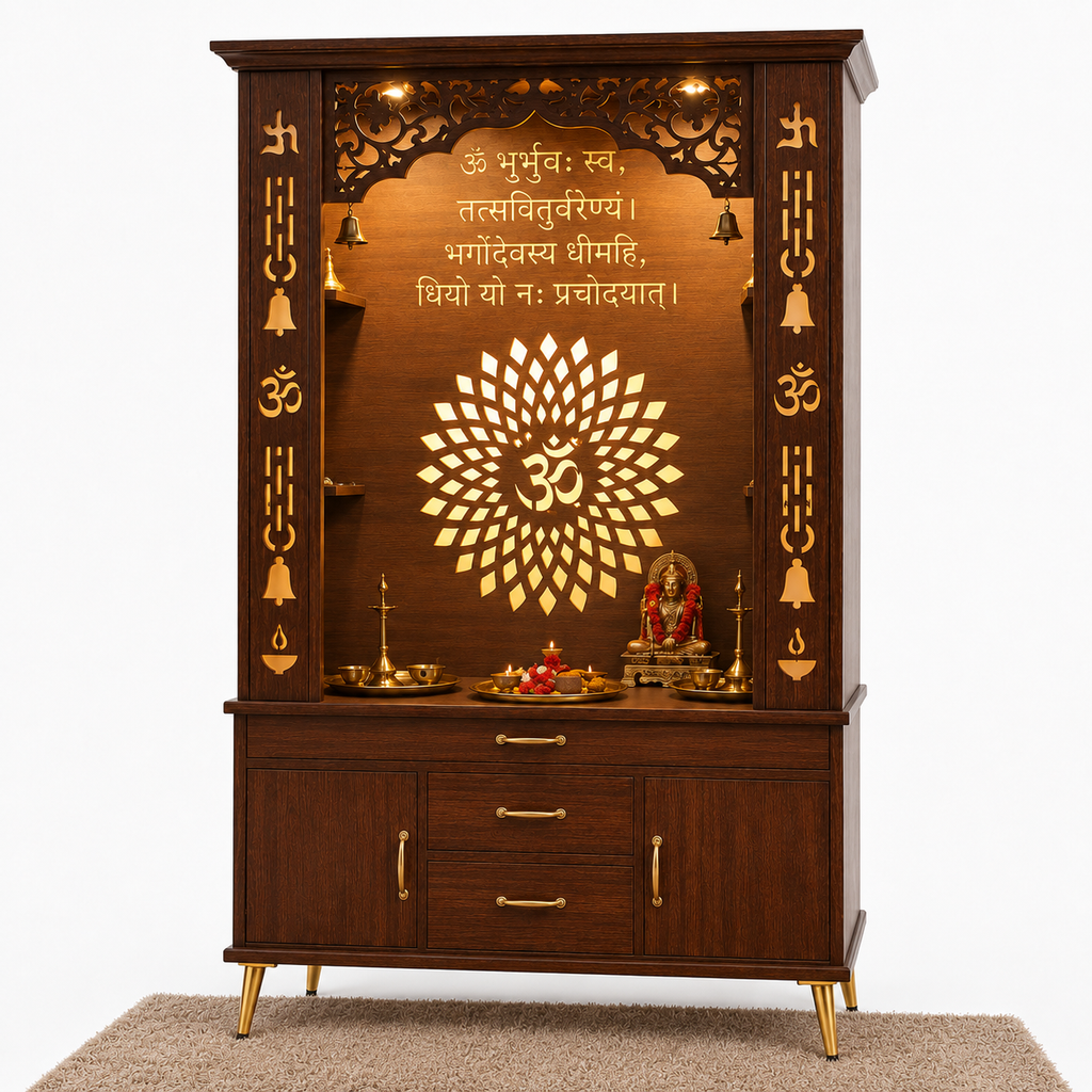 Luxury Brown Finish Wooden Floor Temple for Home & Office with LED OM Panel Drawer & Cabinet Storage for Home & Office