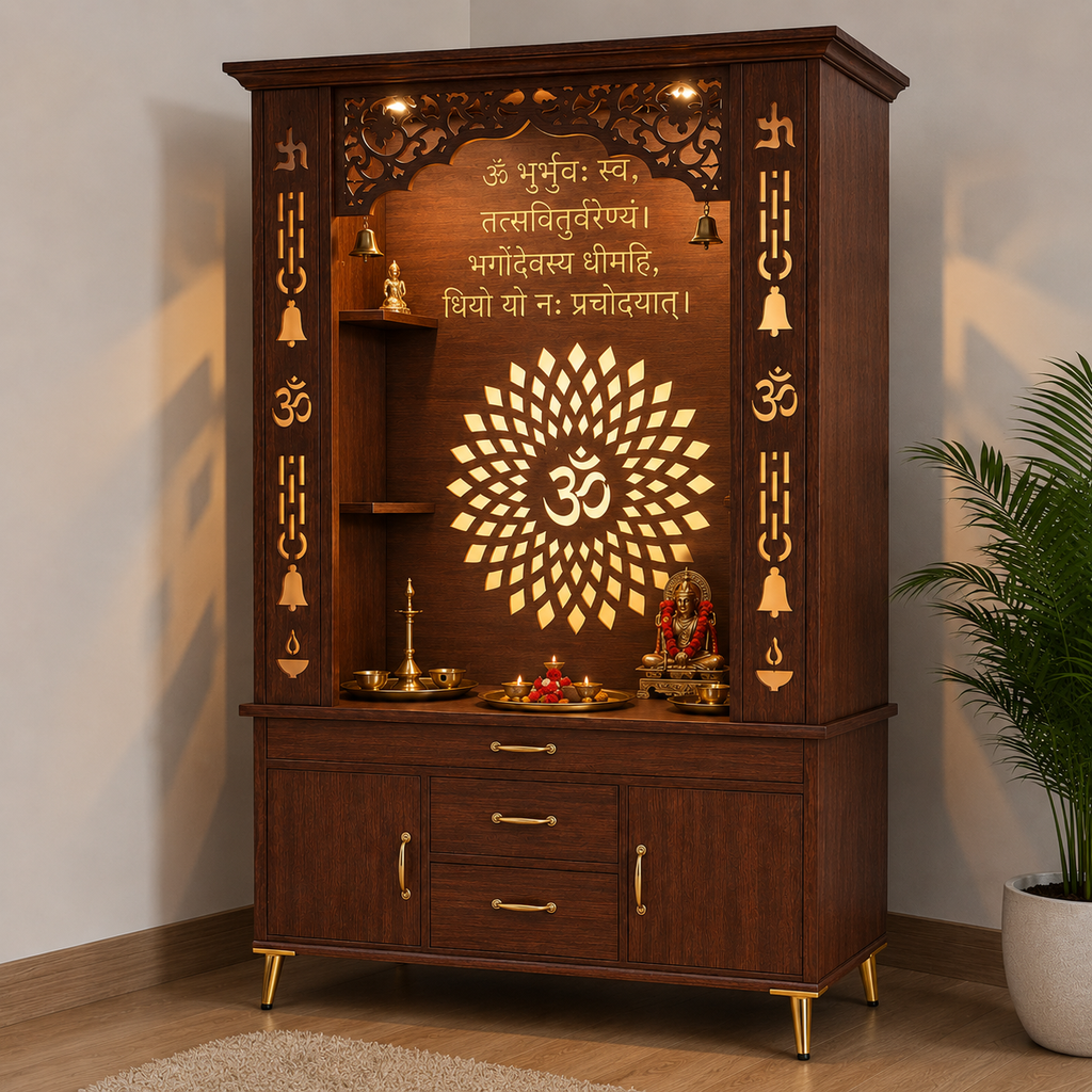 Luxury Brown Finish Wooden Floor Temple for Home & Office with LED OM Panel Drawer & Cabinet Storage for Home & Office