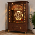 Luxury Brown Finish Wooden Floor Temple for Home & Office with LED OM Panel Drawer & Cabinet Storage for Home & Office