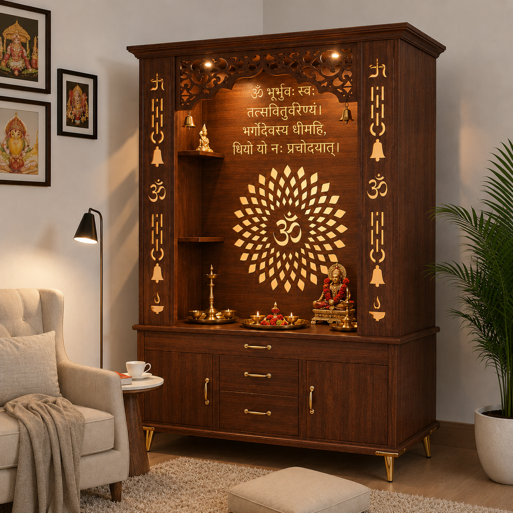 Luxury Brown Finish Wooden Floor Temple for Home & Office with LED OM Panel Drawer & Cabinet Storage for Home & Office