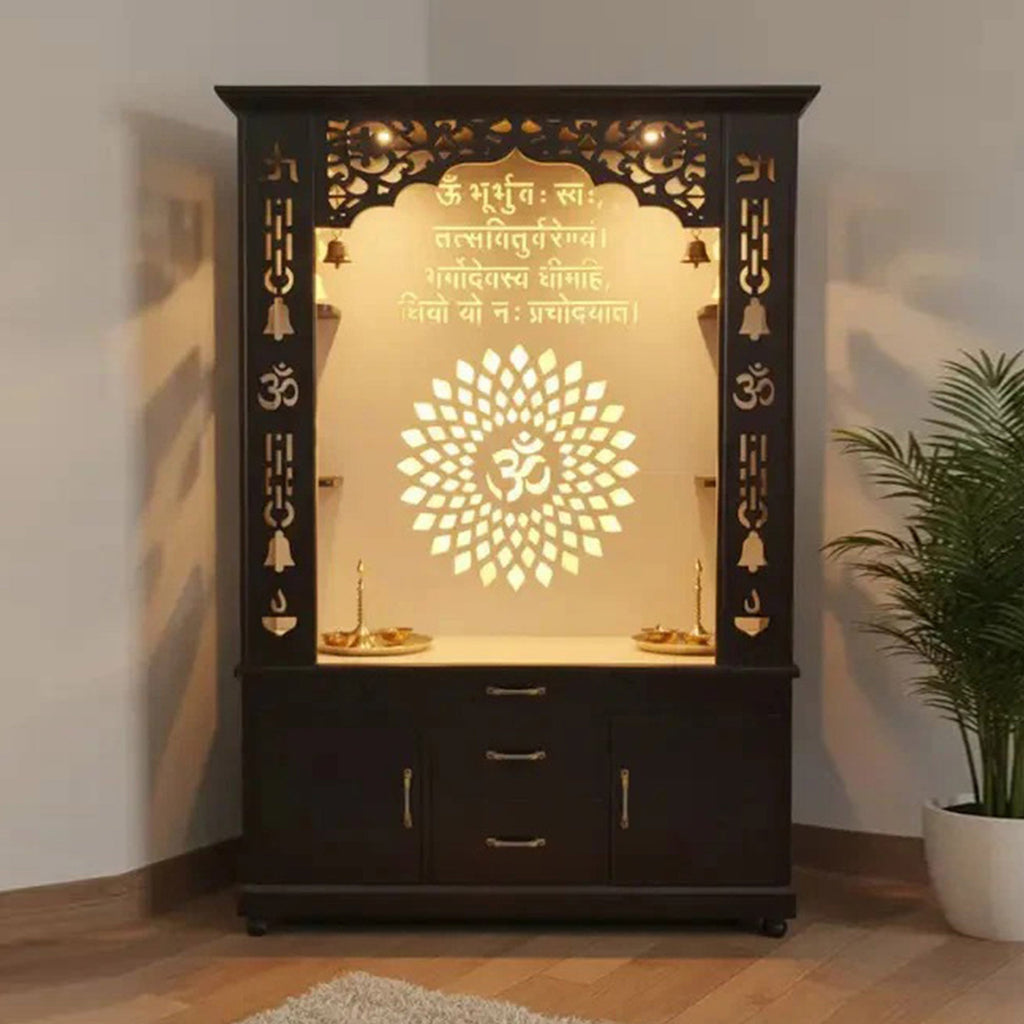 Luxury Brown Finish Wooden Floor Temple for Home & Office with LED OM Panel Drawer & Cabinet Storage for Home & Office