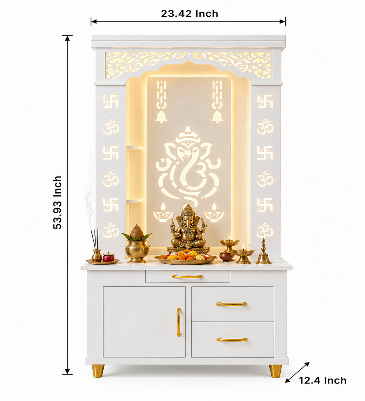 Aesthetic White Finish Wooden Floor Temple with Shri Ganeshji LED Back Panel & Spacious Drawer Storage Cabinet for Home & Office