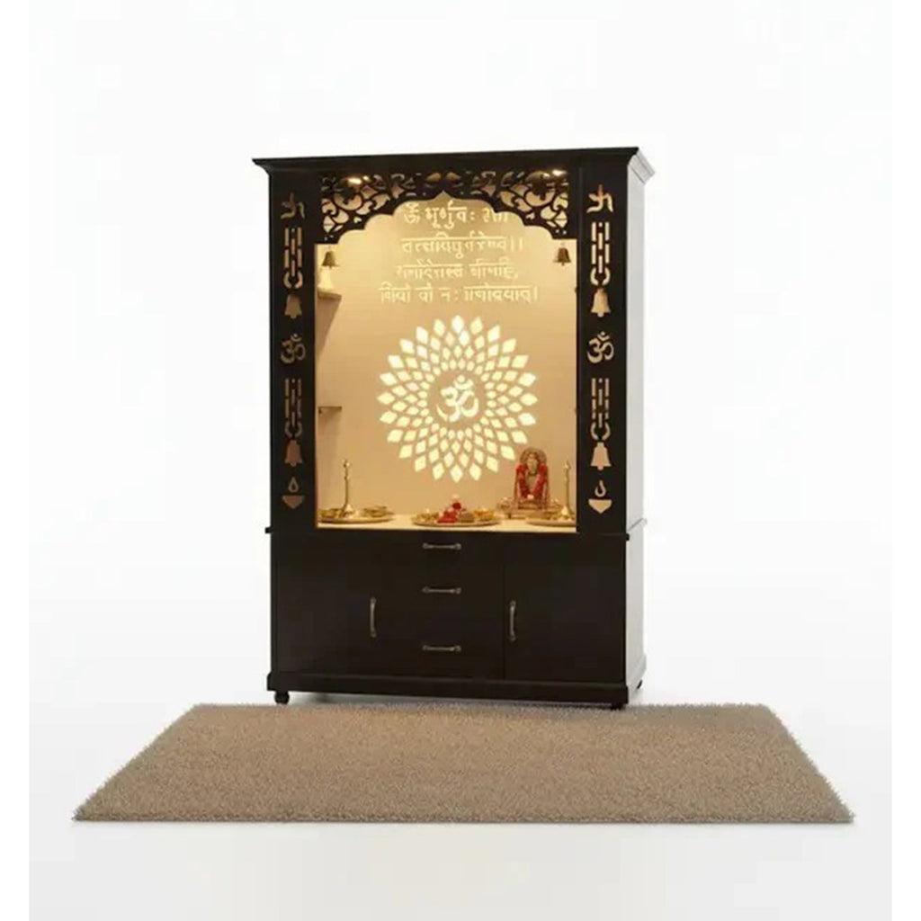 Luxury Brown Finish Wooden Floor Temple for Home & Office with LED OM Panel Drawer & Cabinet Storage for Home & Office