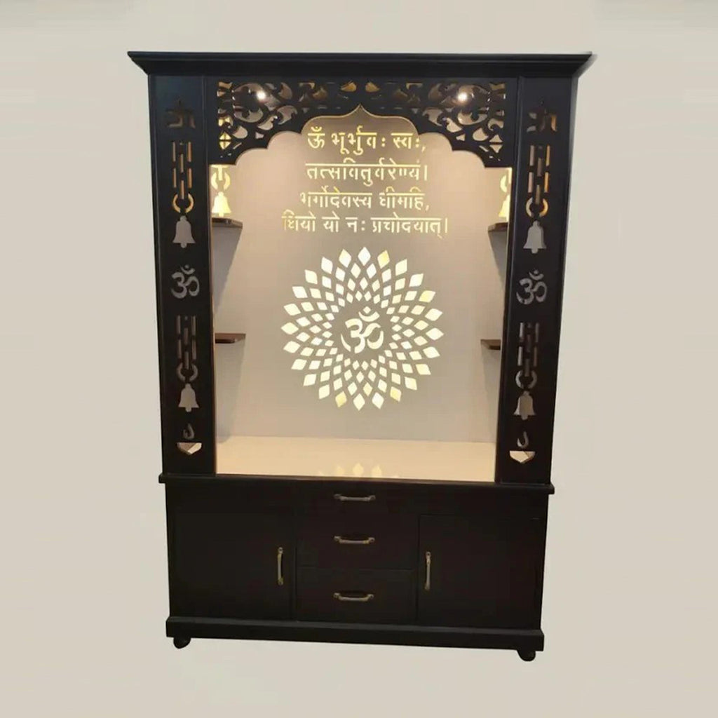 Luxury Brown Finish Wooden Floor Temple for Home & Office with LED OM Panel Drawer & Cabinet Storage for Home & Office