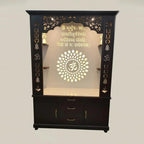 Luxury Brown Finish Wooden Floor Temple for Home & Office with LED OM Panel Drawer & Cabinet Storage for Home & Office