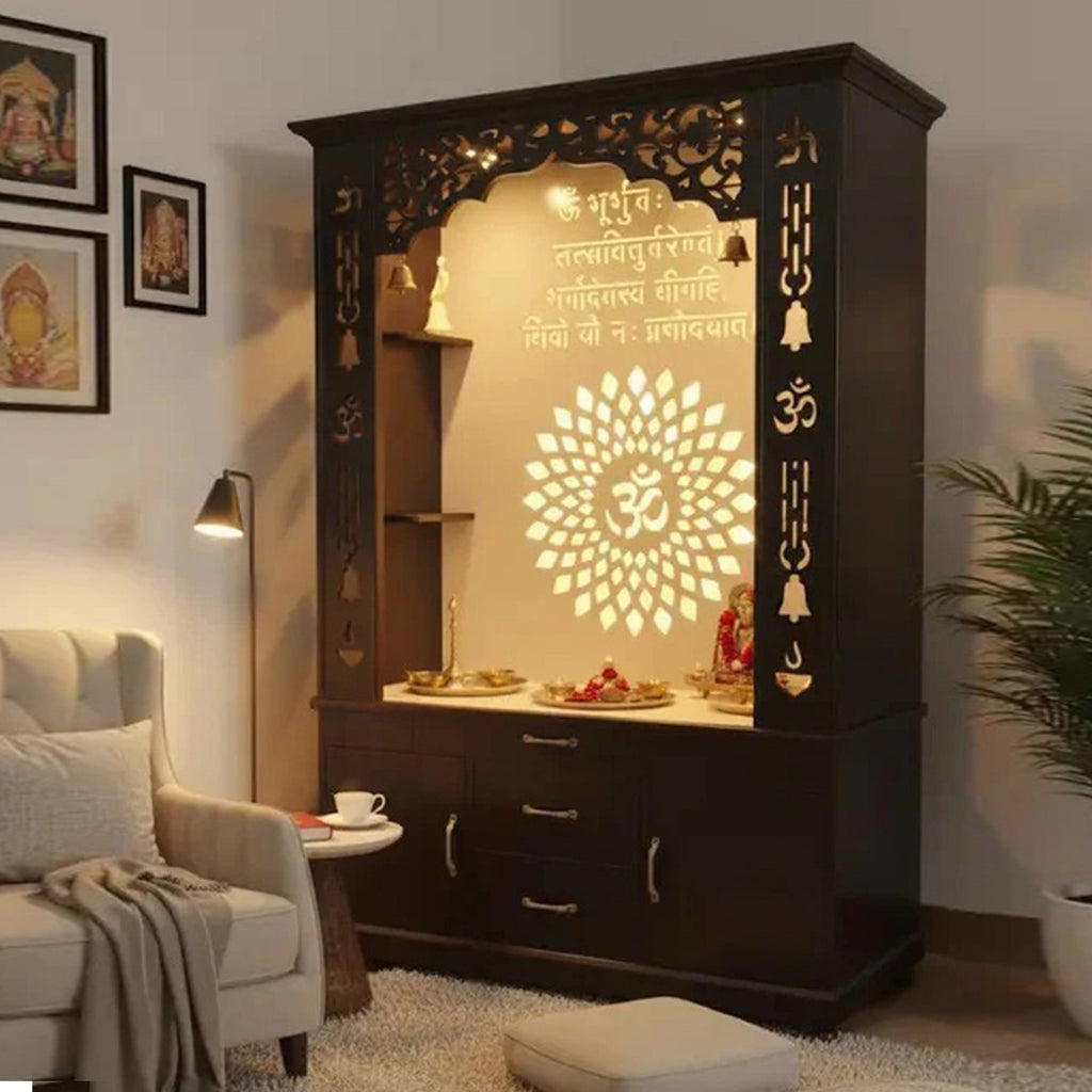 Luxury Brown Finish Wooden Floor Temple for Home & Office with LED OM Panel Drawer & Cabinet Storage for Home & Office