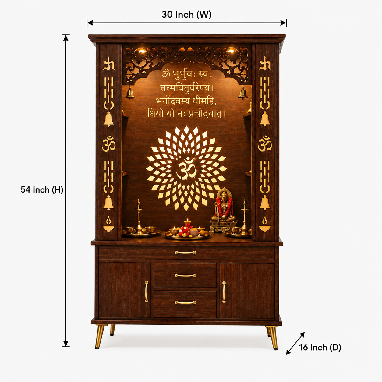 Luxury Brown Finish Wooden Floor Temple for Home & Office with LED OM Panel Drawer & Cabinet Storage for Home & Office