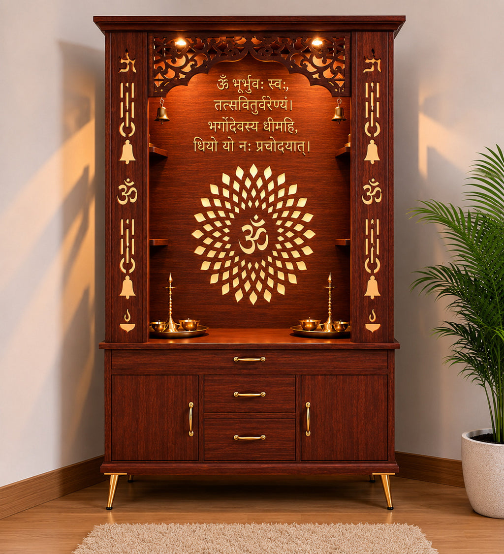 Luxury Brown Finish Wooden Floor Temple for Home & Office with LED OM Panel Drawer & Cabinet Storage for Home & Office