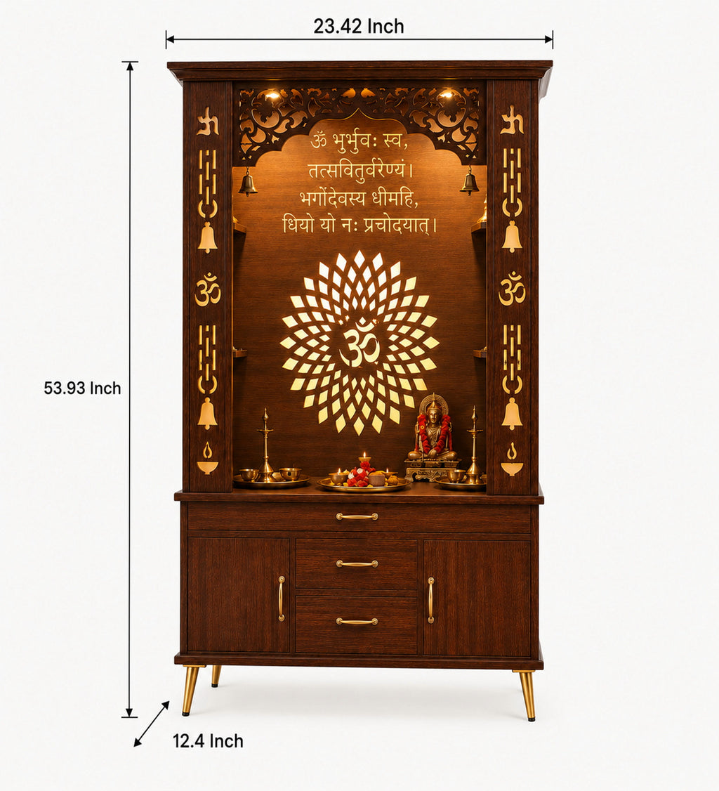 Luxury Brown Finish Wooden Floor Temple for Home & Office with LED OM Panel Drawer & Cabinet Storage for Home & Office