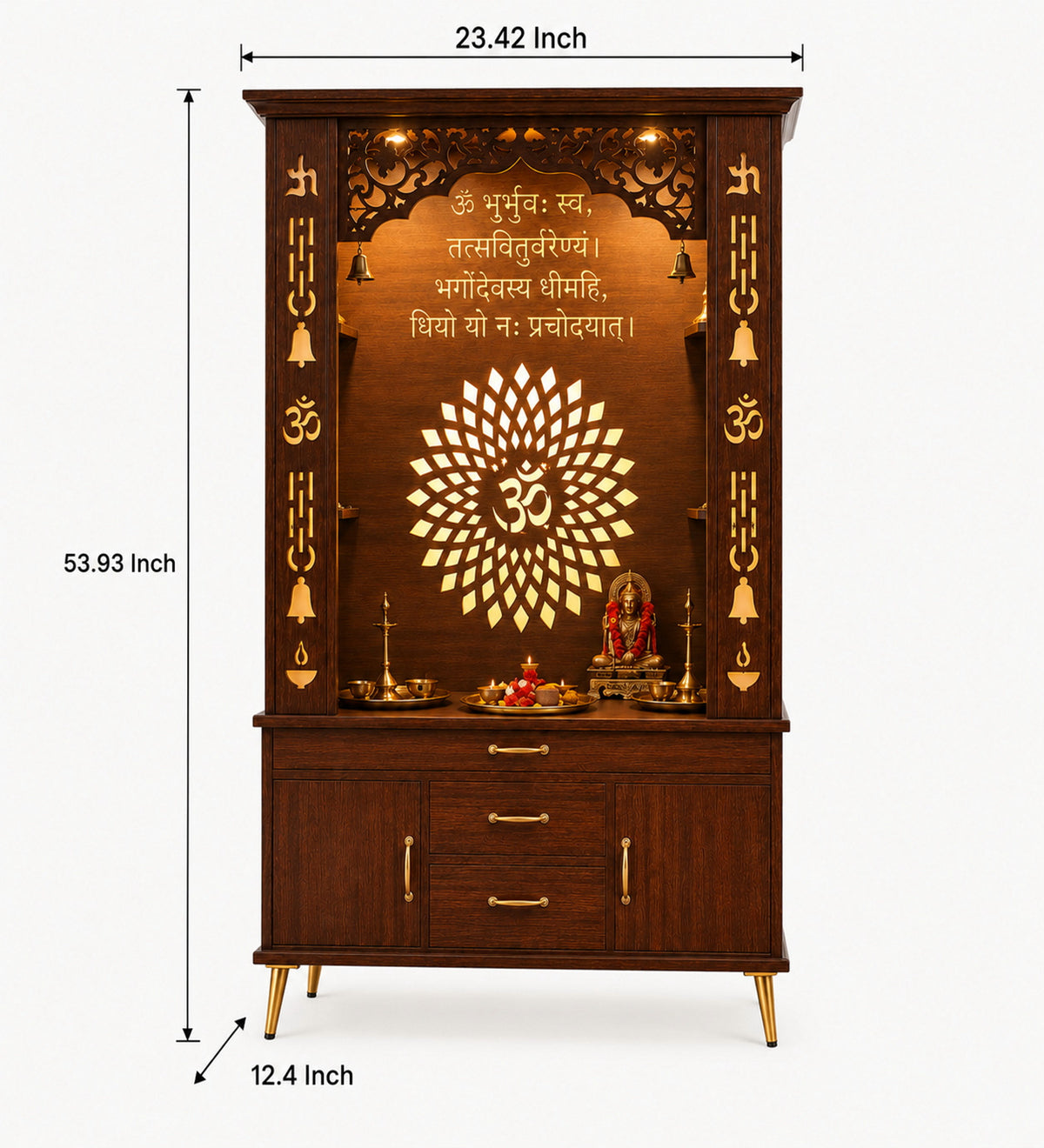 Luxury Brown Finish Wooden Floor Temple for Home & Office with LED OM Panel Drawer & Cabinet Storage for Home & Office