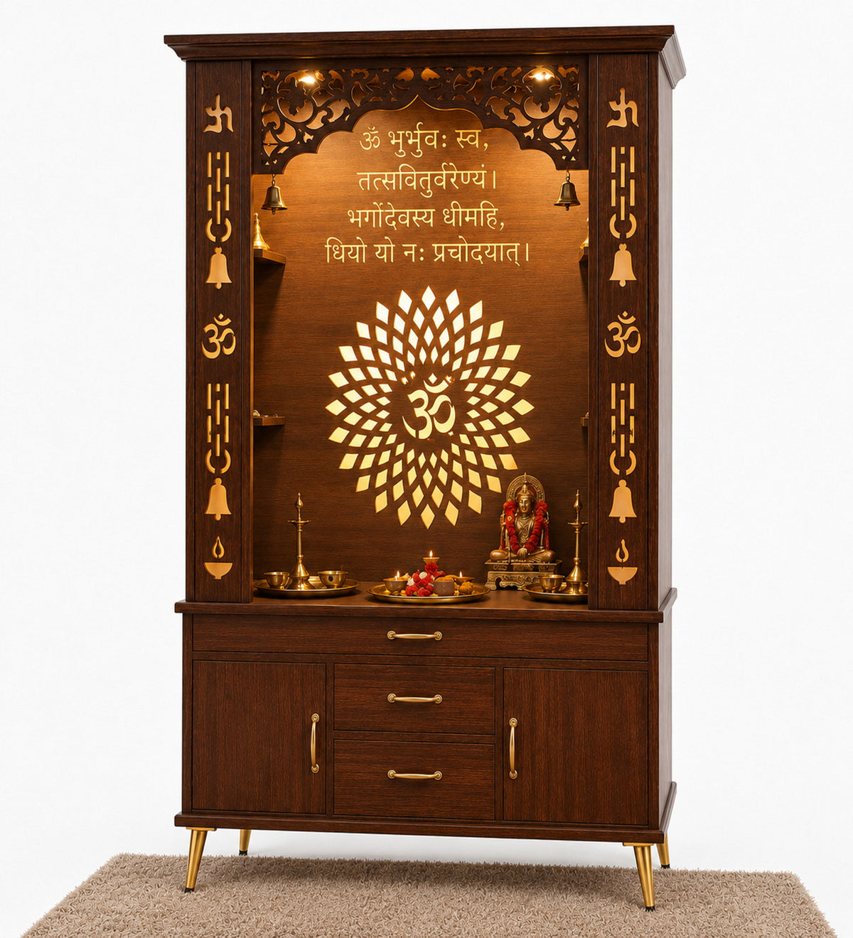 Luxury Brown Finish Wooden Floor Temple for Home & Office with LED OM Panel Drawer & Cabinet Storage for Home & Office