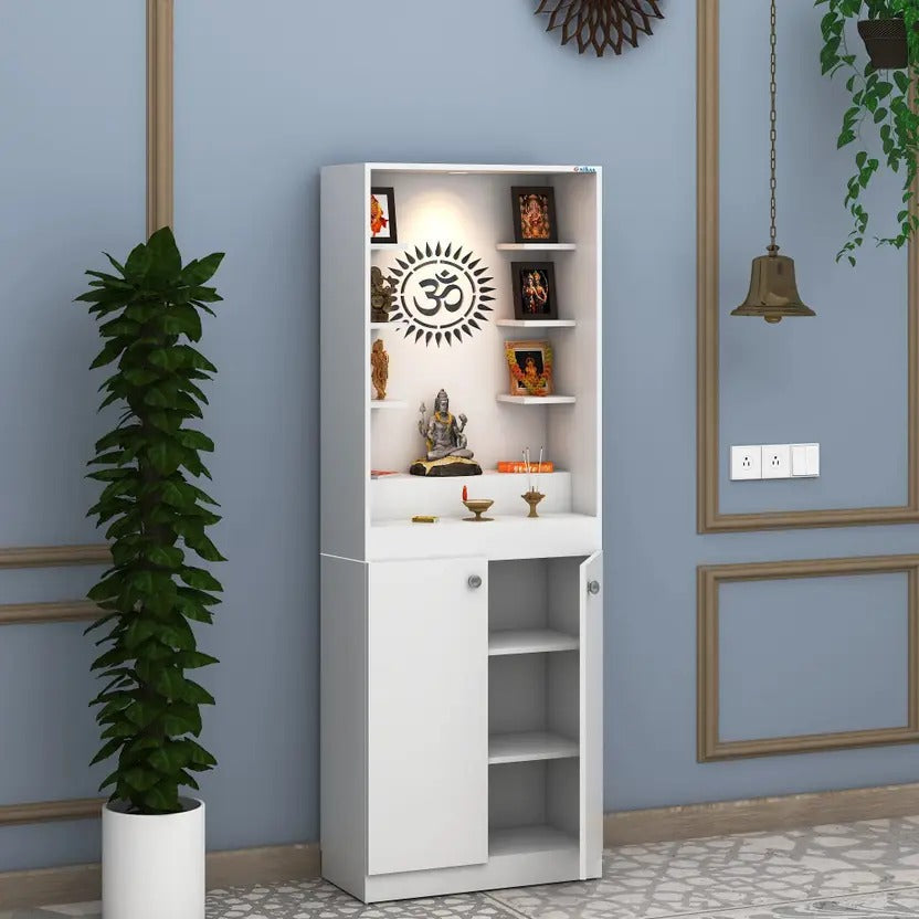 Premium White Finish Wooden Floor Temple with Spacious Storage Cabinet for Home & Office Spaces