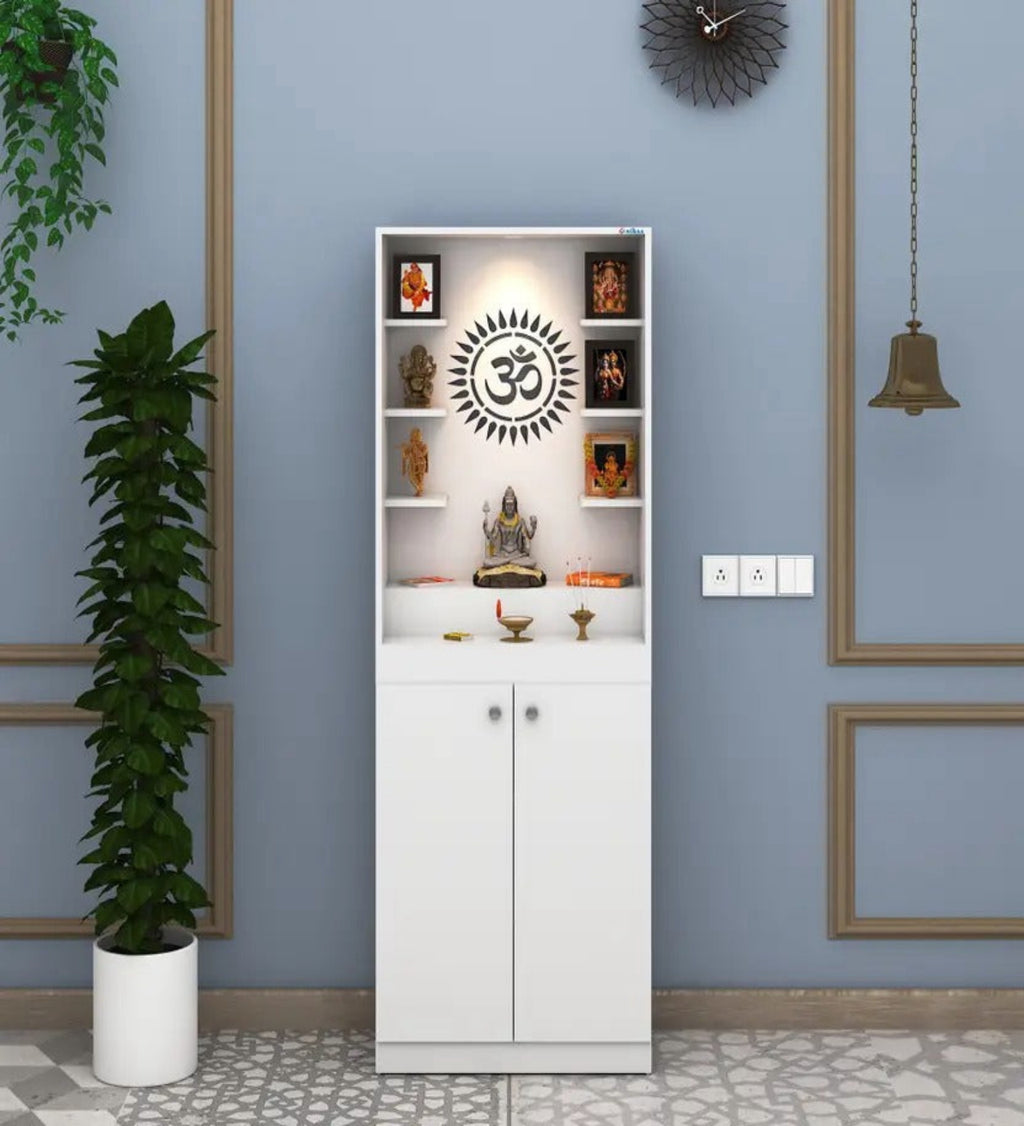 Premium White Finish Wooden Floor Temple with Spacious Storage Cabinet for Home & Office Spaces