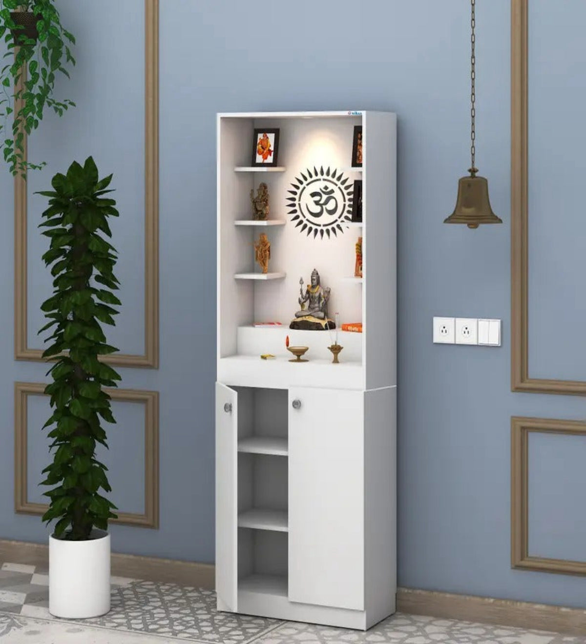Premium White Finish Wooden Floor Temple with Spacious Storage Cabinet for Home & Office Spaces