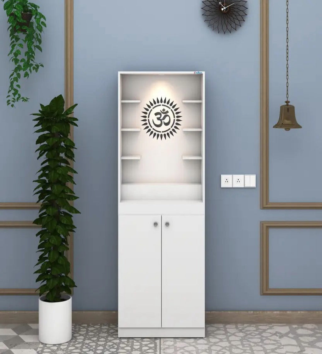 Premium White Finish Wooden Floor Temple with Spacious Storage Cabinet for Home & Office Spaces