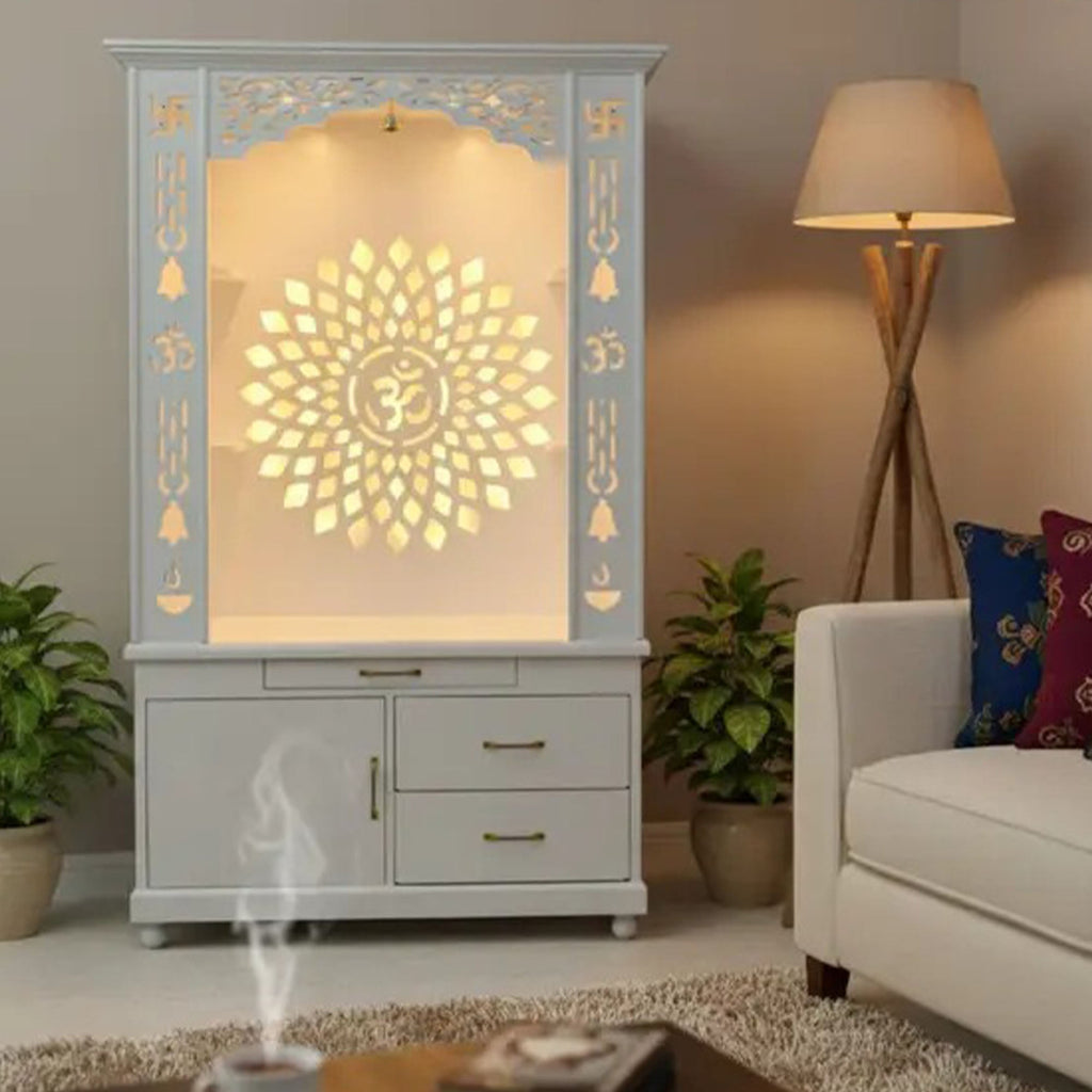 Gorgeous White Wooden Temple with OM LED Back Panel & Spacious Drawers Storage Cabinet for Home & Office