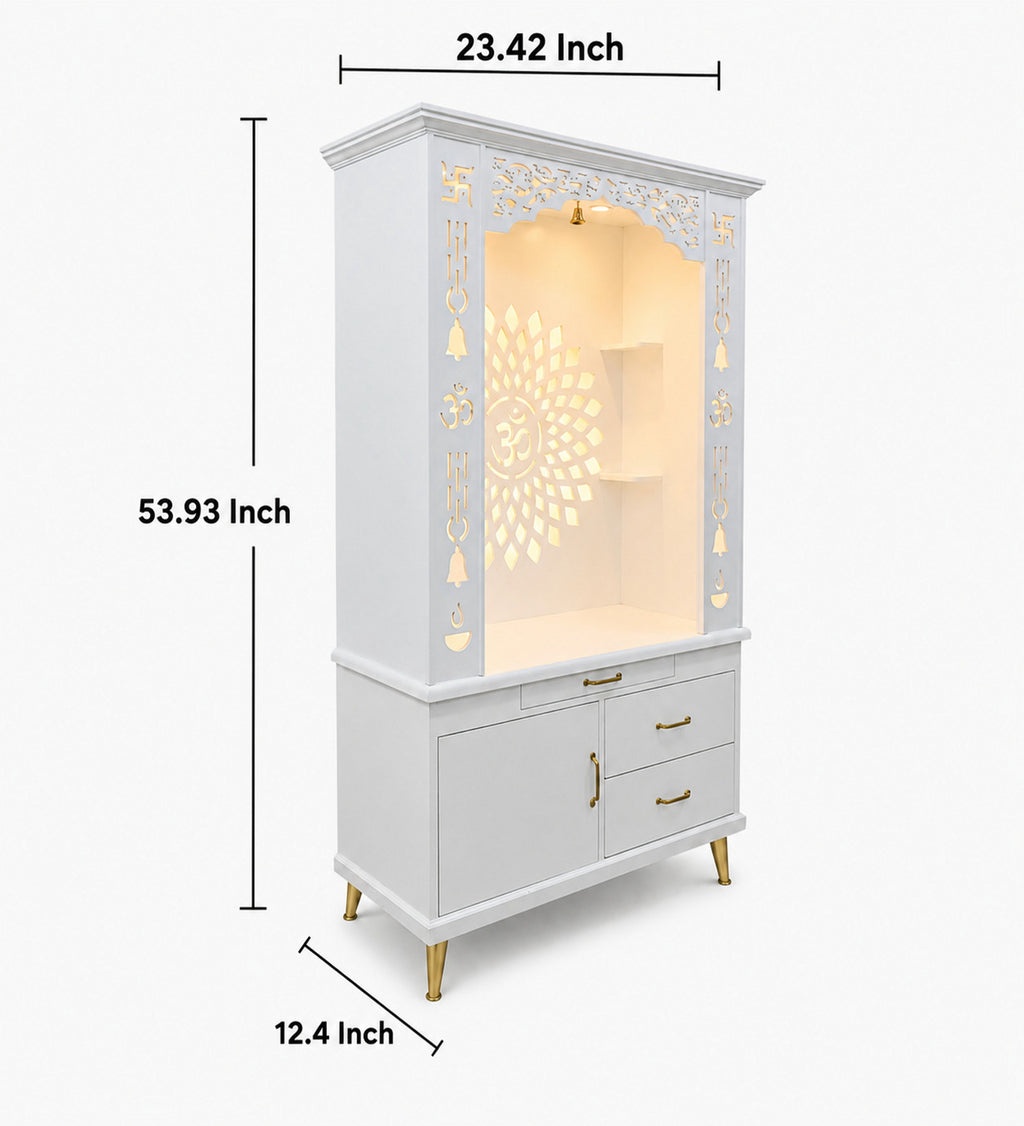 Gorgeous White Wooden Temple with OM LED Back Panel & Spacious Drawers Storage Cabinet for Home & Office