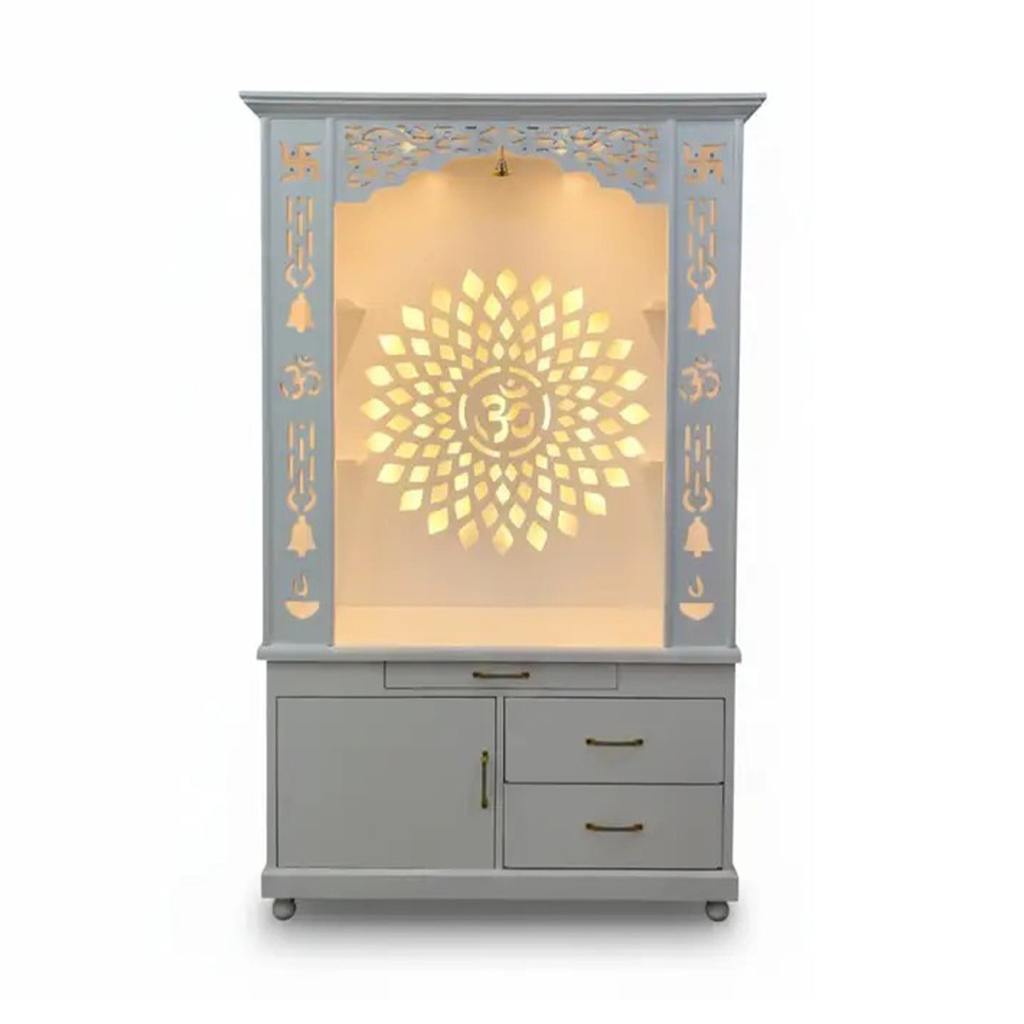 Gorgeous White Wooden Temple with OM LED Back Panel & Spacious Drawers Storage Cabinet for Home & Office